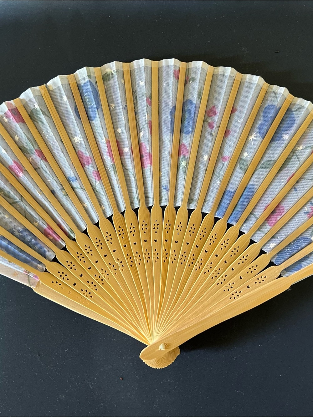 Yellow Bamboo Hand Fan with Floral Blue and Pink Fabric - Unbranded